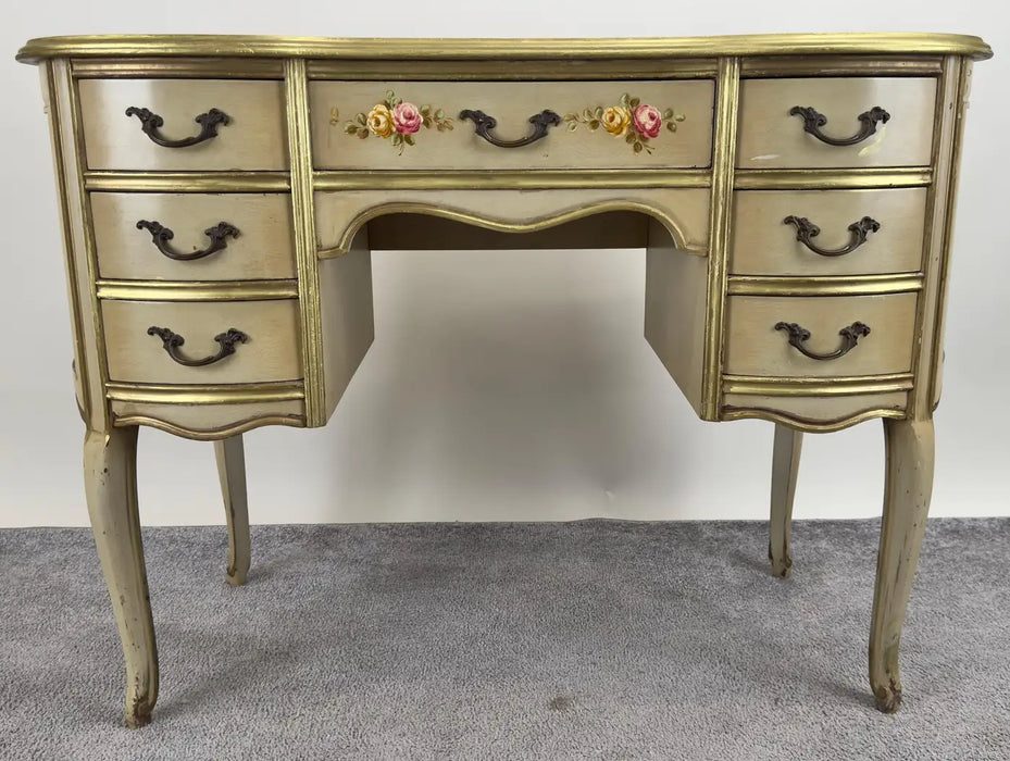 French Provincial Style Kidney Shaped Lady Writing or Vanity Desk with Ottoman