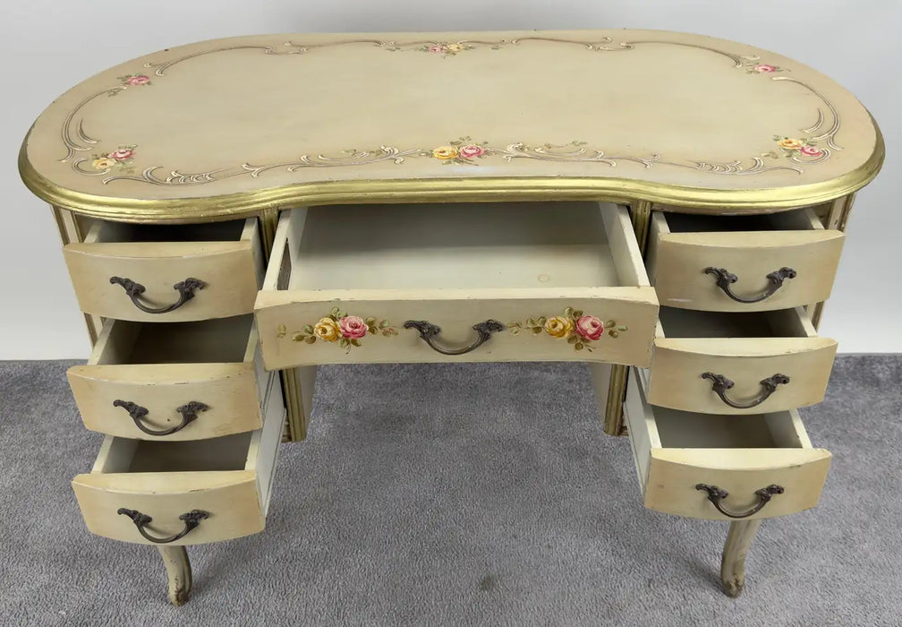 French Provincial Style Kidney Shaped Lady Writing or Vanity Desk with Ottoman