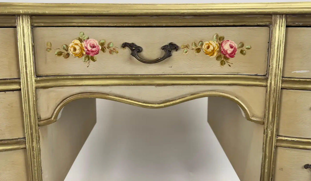 French Provincial Style Kidney Shaped Lady Writing or Vanity Desk with Ottoman