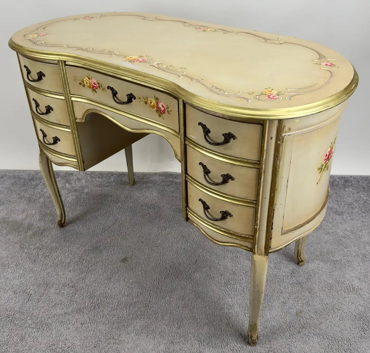 French Provincial Style Kidney Shaped Lady Writing or Vanity Desk with Ottoman