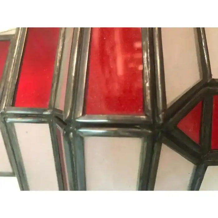 Art Deco-Style White Milk & Red Glass & Bronze Chandelier, Pendant or Lantern