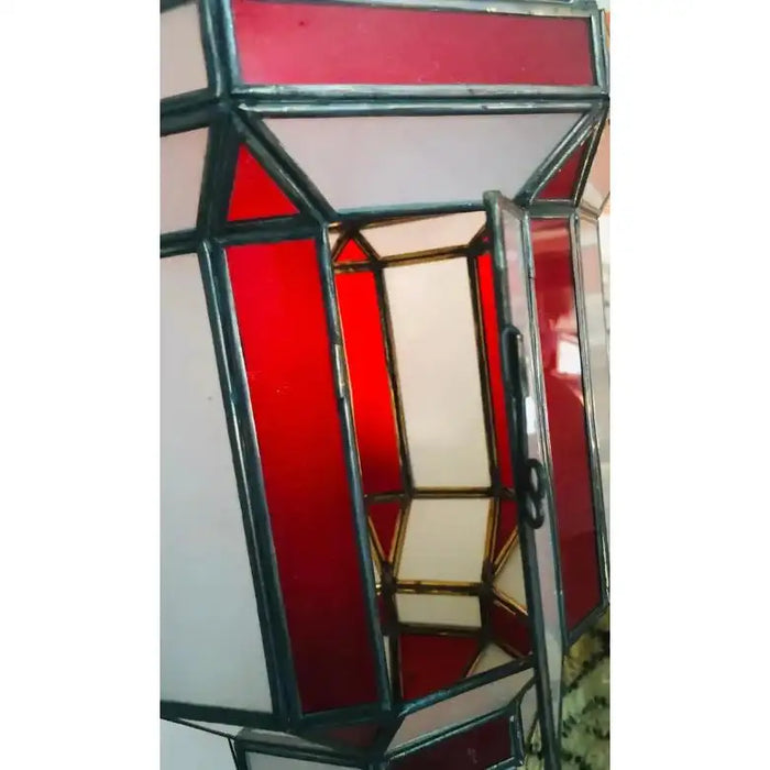 Art Deco-Style White Milk & Red Glass & Bronze Chandelier, Pendant or Lantern
