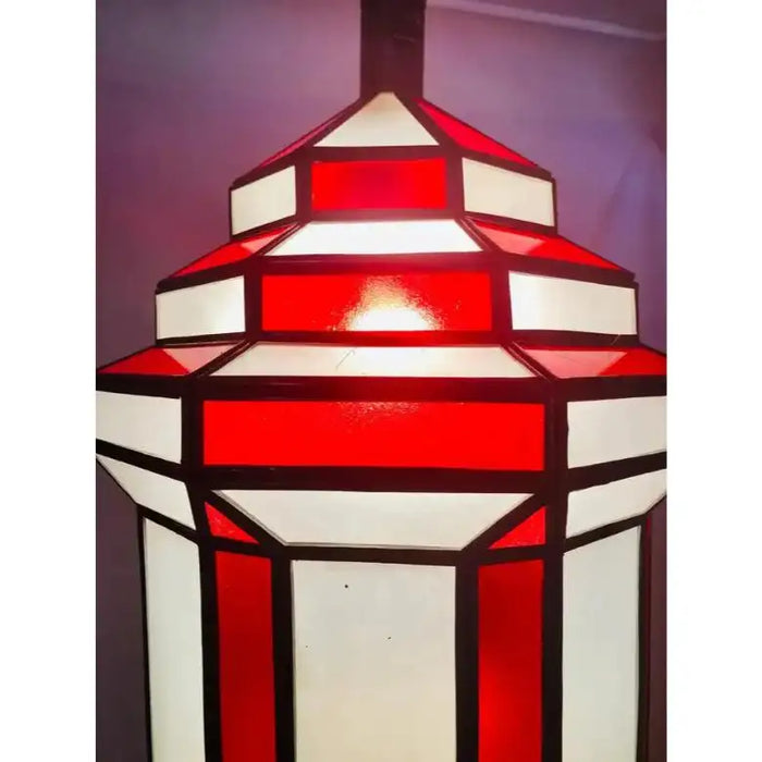 Art Deco-Style White Milk & Red Glass & Bronze Chandelier, Pendant or Lantern
