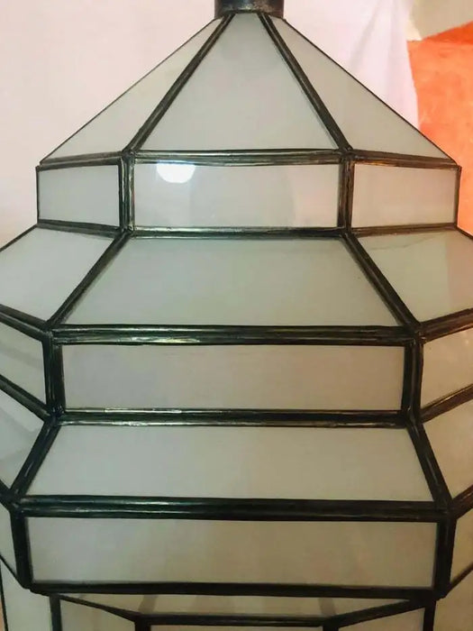 Art Deco White Milk Glass Handmade Chandelier, Pendant, Lantern, a Pair