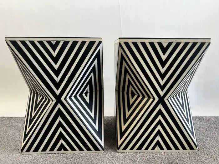 Art Deco Style Black & White Resin Sculptural Side End Table or Stool, a Pair