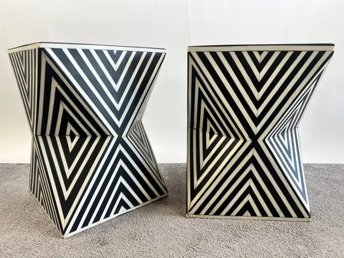Art Deco Style Black & White Resin Sculptural Side End Table or Stool, a Pair