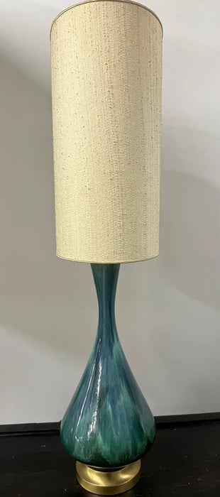 Mid-Century Modern Green Malachite Teardrop Design Table Lamp w Custom Shade