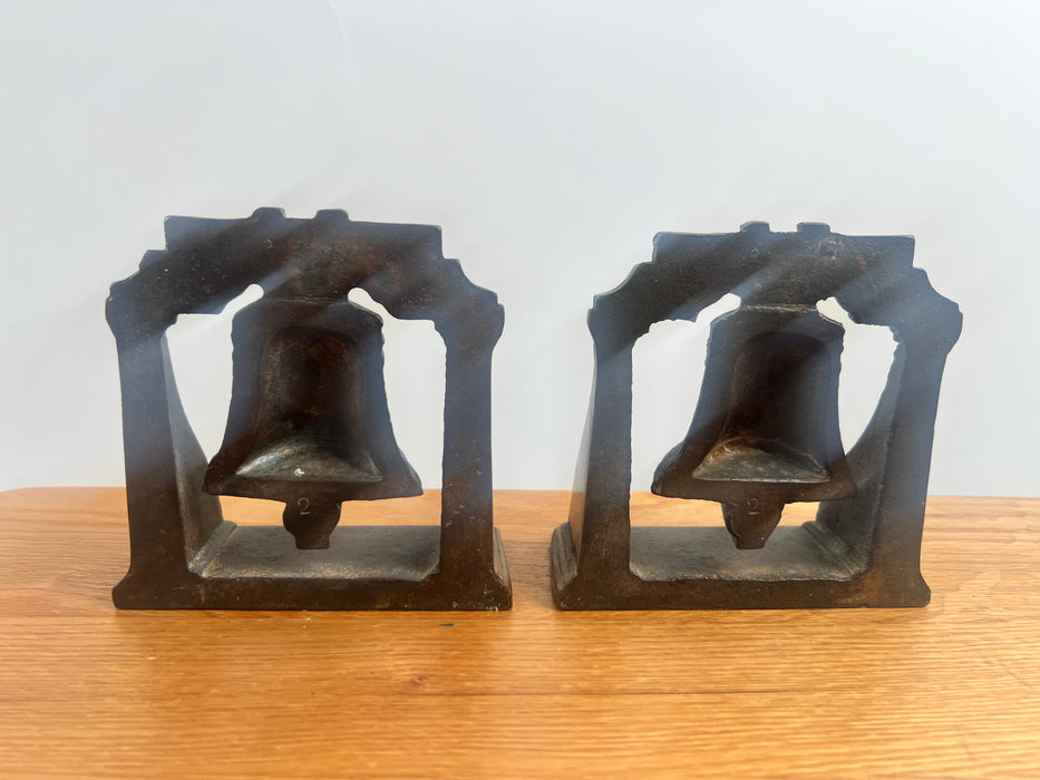 Medieval Antique Cast Bronze Mission Bell Sculpture Bookend, a Pair