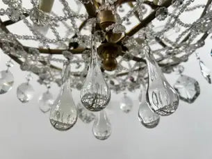 Vintage French Empire Style Gilt Bronze & Tiered Crystal & Beads Chandelier