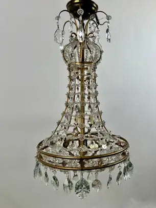 Vintage French Empire Style Gilt Bronze & Tiered Crystal & Beads Chandelier