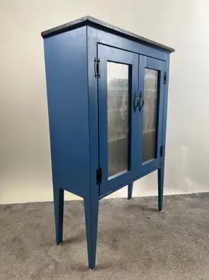 Modern Farmhouse Blue Solid Pin with Silver-Tone Mesh Doors Server or Cabinet