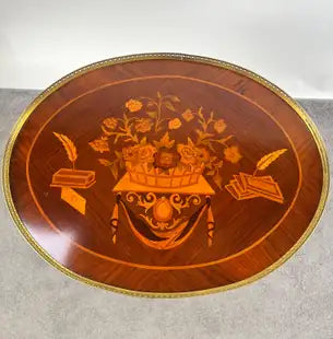 French Baroque Revival Style Oval Marquetry Side or End Table with Ormolu Accent