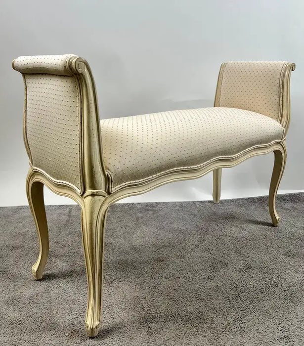 20th C French Louis XV Style Off-White & Beige Upholstered Bench or Window Seat