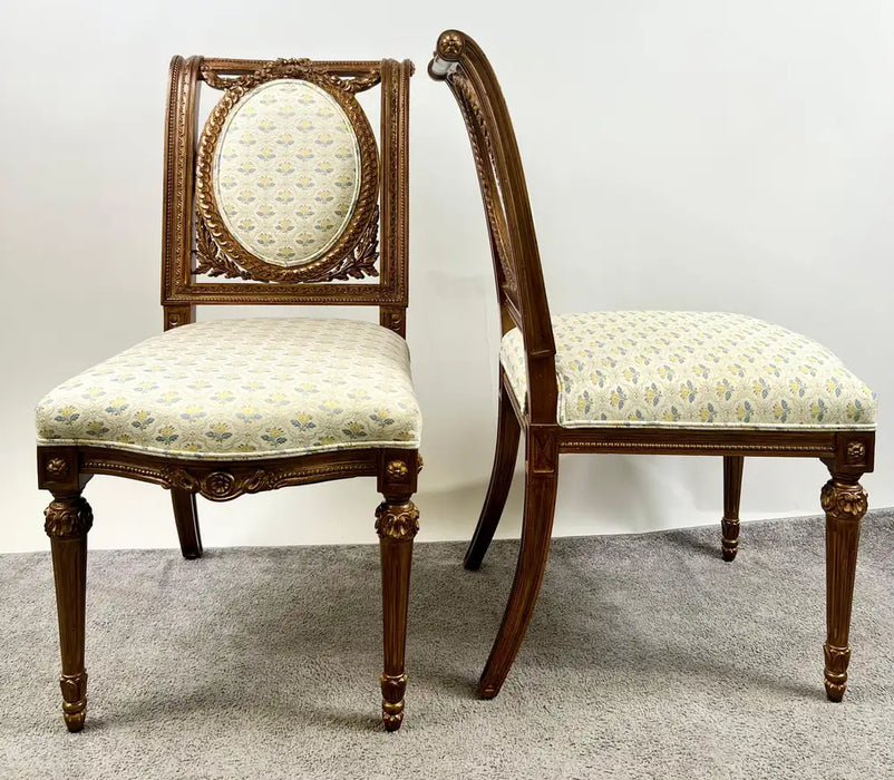 Vintage French Louis XVI Style Oak Side Chairs, Carved Cameo Back, Pair