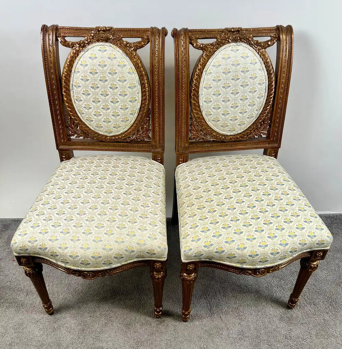 Vintage French Louis XVI Style Oak Side Chairs, Carved Cameo Back, Pair