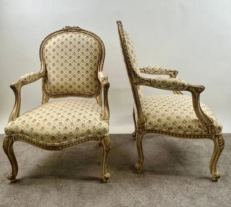 French Louis XV Style Bergère Armchair, Painted Frame, Floral Embroidery, a Pair