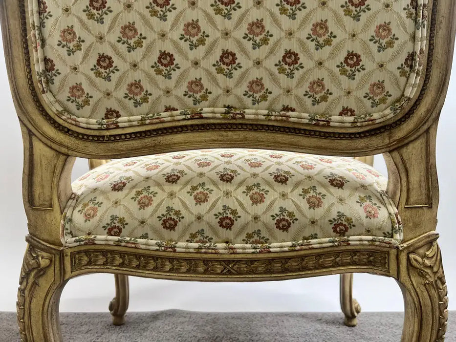 French Louis XV Style Bergère Armchair, Painted Frame, Floral Embroidery, a Pair