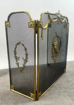 Vintage French Provincial Louis XVI Style Brass Trifold Mesh Screen Fireplace