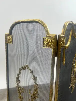 Vintage French Provincial Louis XVI Style Brass Trifold Mesh Screen Fireplace