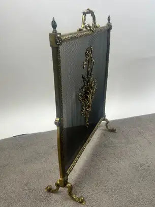 Vintage French Provincial Louis XVI Style Brass Trifold Mesh Screen Fireplace