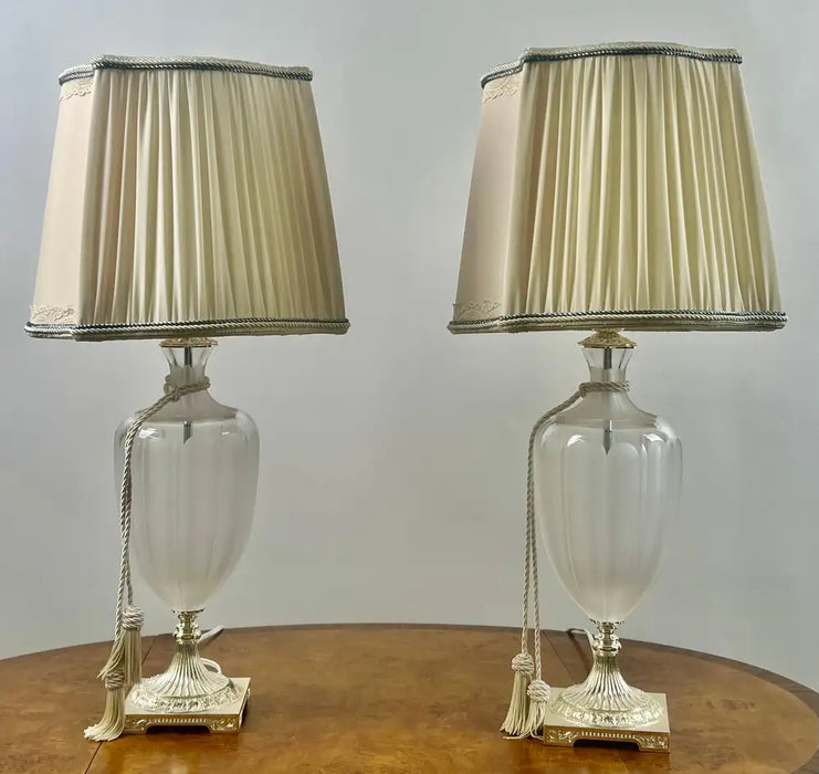 Vintage Neoclassical Style Frosted Glass Urn Table Lamps, Silver Base, a Pair