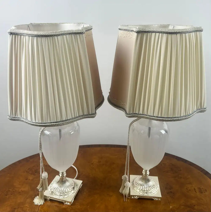 Vintage Neoclassical Style Frosted Glass Urn Table Lamps, Silver Base, a Pair