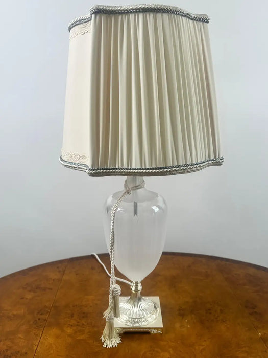 Vintage Neoclassical Style Frosted Glass Urn Table Lamps, Silver Base, a Pair