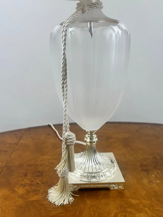 Vintage Neoclassical Style Frosted Glass Urn Table Lamps, Silver Base, a Pair