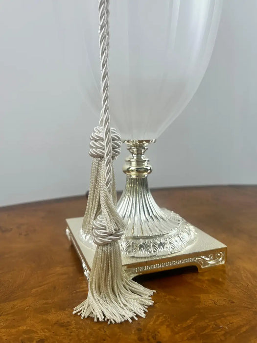 Vintage Neoclassical Style Frosted Glass Urn Table Lamps, Silver Base, a Pair