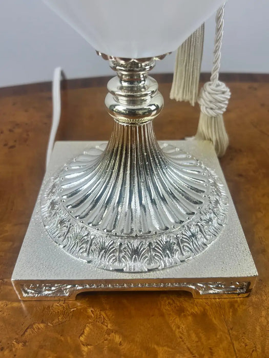 Vintage Neoclassical Style Frosted Glass Urn Table Lamps, Silver Base, a Pair