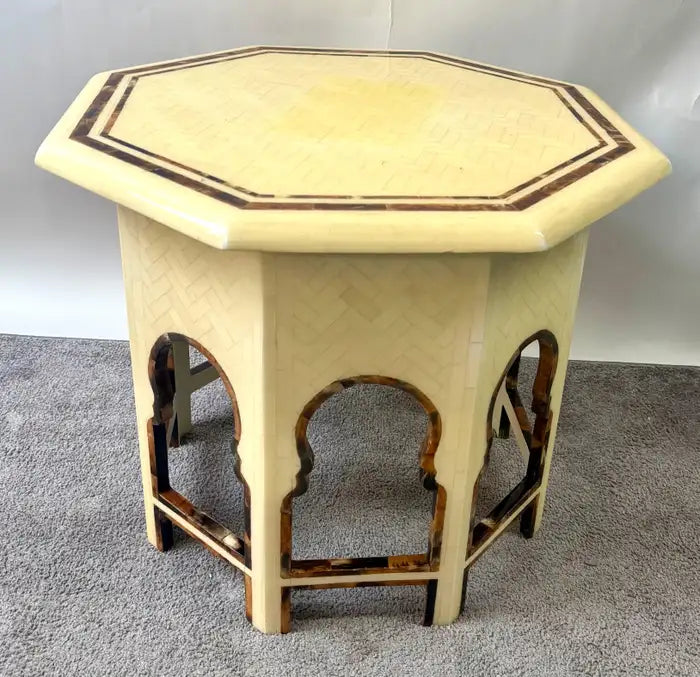 Moroccan Style Off -White Bone Inlay Octagonal Side Table with Moorish Arches