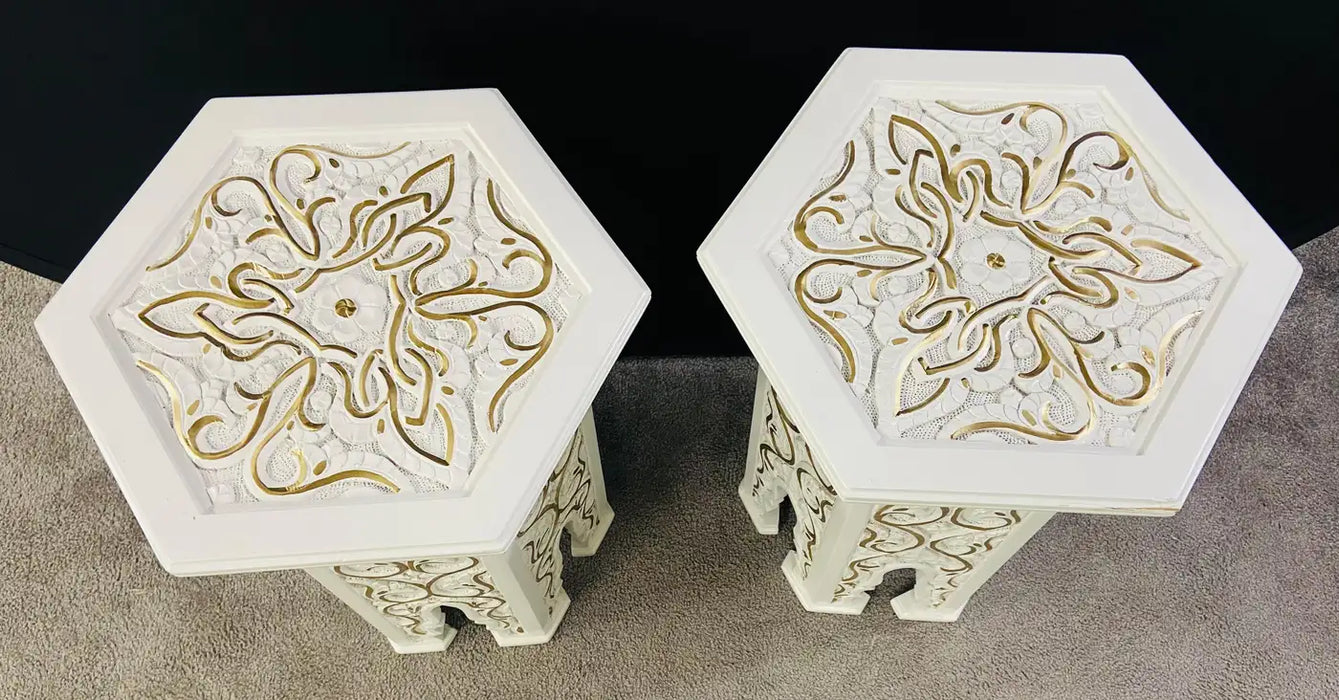 Hollywood Regency Moroccan Stye Side or End Table White with Gold Design, a Pair