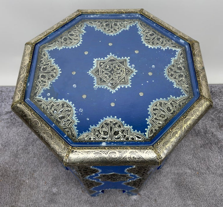 Pair of Moroccan White Brass Inlaid Side or End Tables in Blue Majorelle