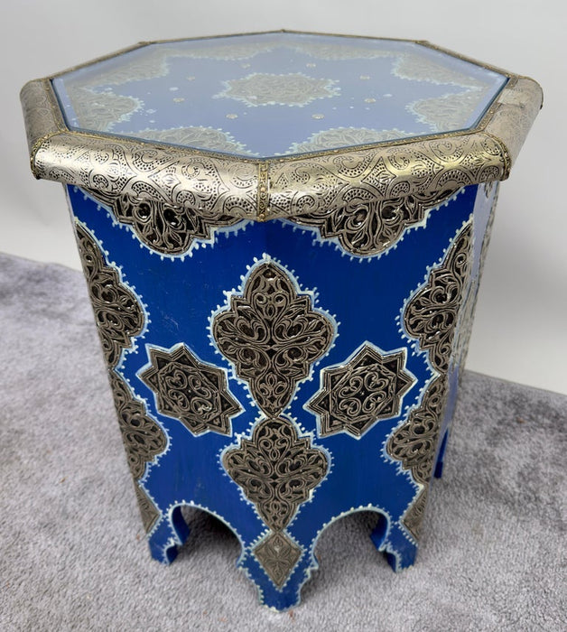 Pair of Moroccan White Brass Inlaid Side or End Tables in Blue Majorelle