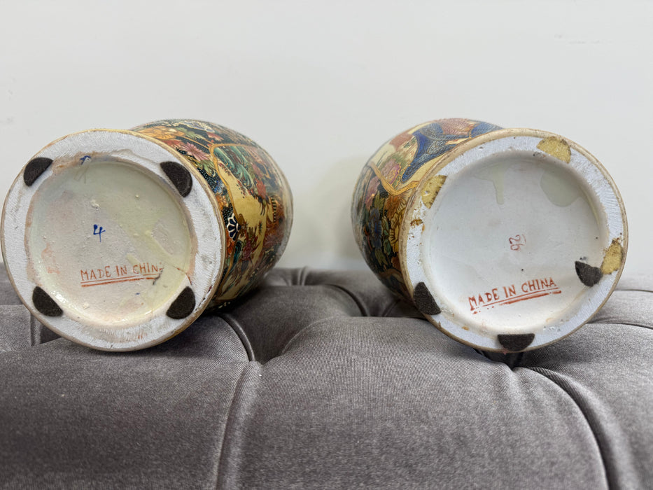 Vintage Royal Satsuma Japanese Hand-Painted Urn Style Vase, a Pair