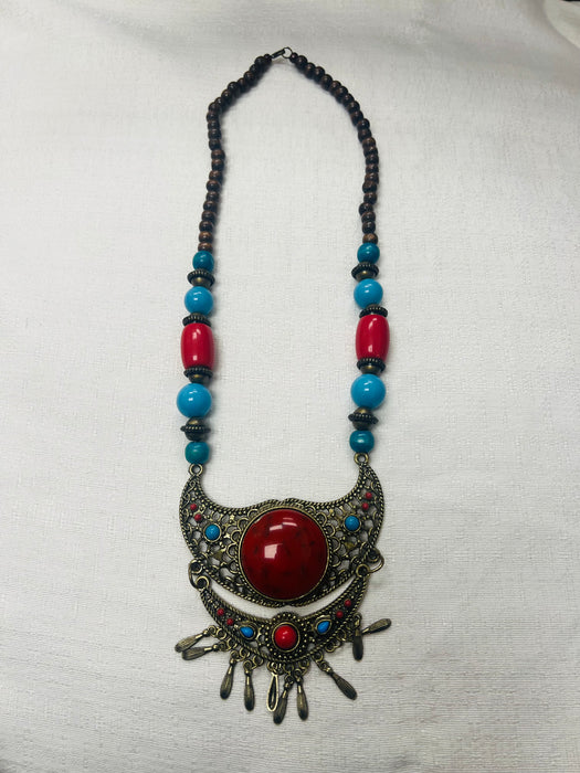 Large Tribal Berber Moroccan Necklace With Red, Lea Ad Brown Stones