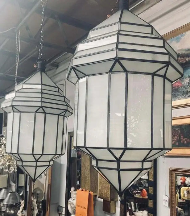 Art Deco White Milk Glass Handmade Chandelier, Pendant, Lantern, a Pair