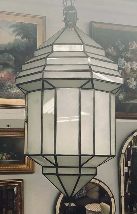Art Deco White Milk Glass Handmade Chandelier, Pendant, Lantern, a Pair