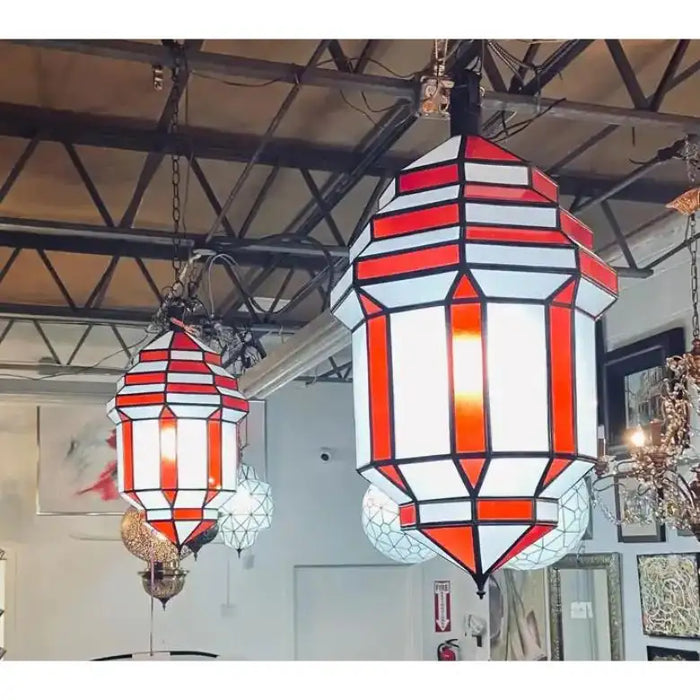 Art Deco-Style White Milk & Red Glass & Bronze Chandelier, Pendant or Lantern