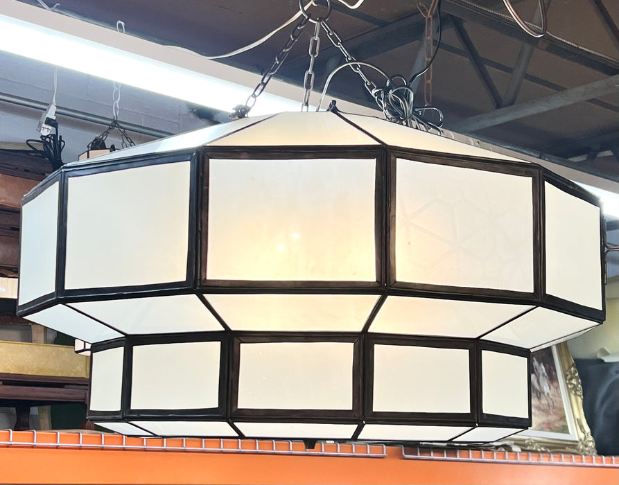 Art Deco Style Large Circular White Milk Glass & Bronze Pendant, Chandelier