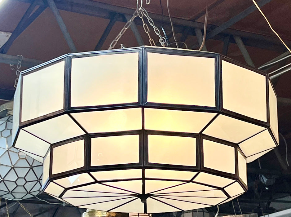 Art Deco Style Large Circular White Milk Glass & Bronze Pendant, Chandelier