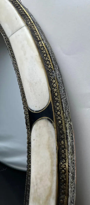 Art Deco Style Handmade White & Black with Brass Inlay Round Mirror, a Pair