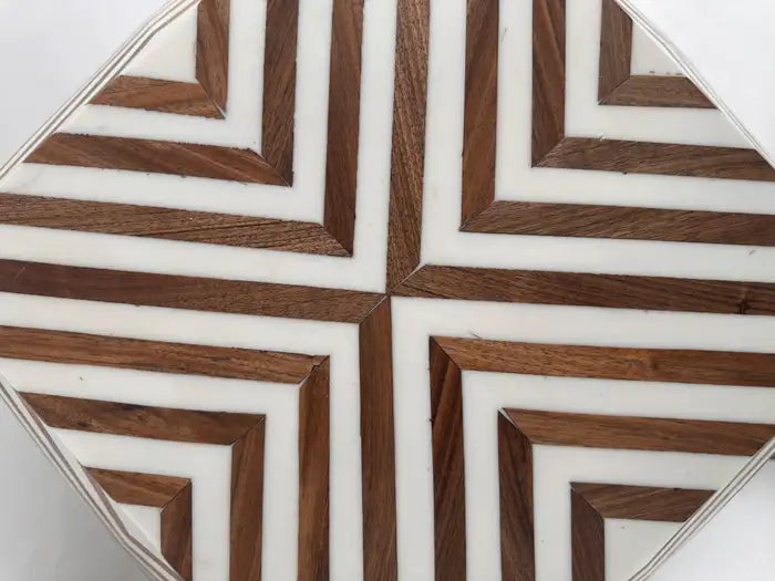 Art Deco Style Brown & White Sculptural Resin & Walnut Side or End Table, a Pair