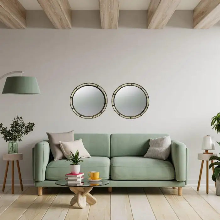 Art Deco Style Handmade White & Black with Brass Inlay Round Mirror, a Pair