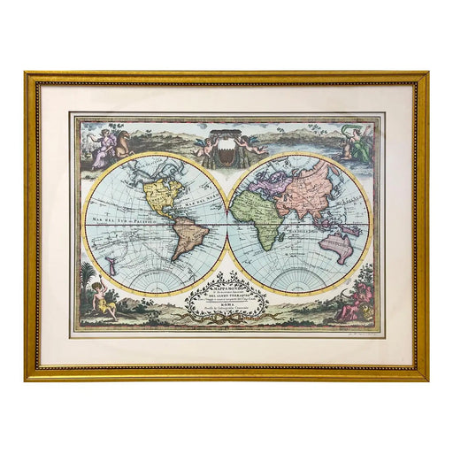 Double Hemisphere Old World Map Print, Matted & Framed