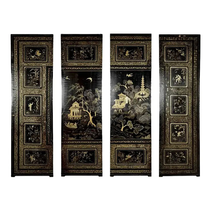 Chinese Wall Panel Pattern Antique Asian Chinese Back Lacquered Four Wall Panels