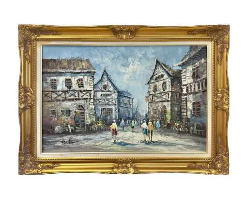 Impressionistic Oil on Canvas Painting of European Street Scene by L.I. Bernard