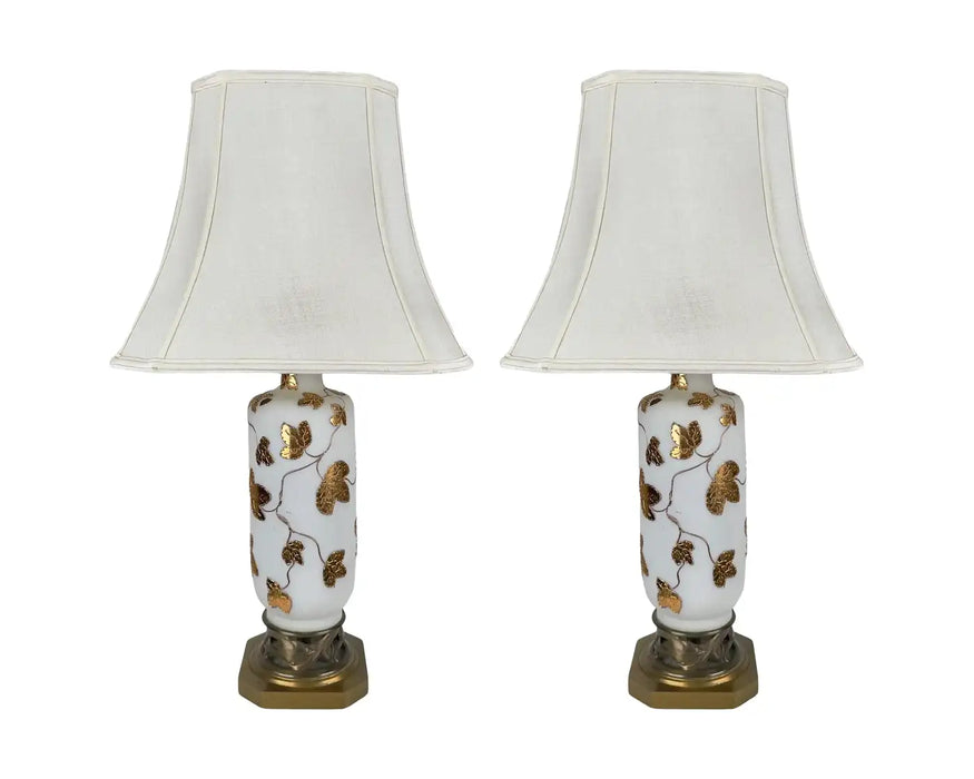 Art Nouveau Frosted White Art Glass & Gold Leaves Design Table Lamp, a Pair