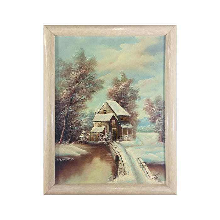 K. Bernath Outdoor Snow Scene Oil on Canvas Painting