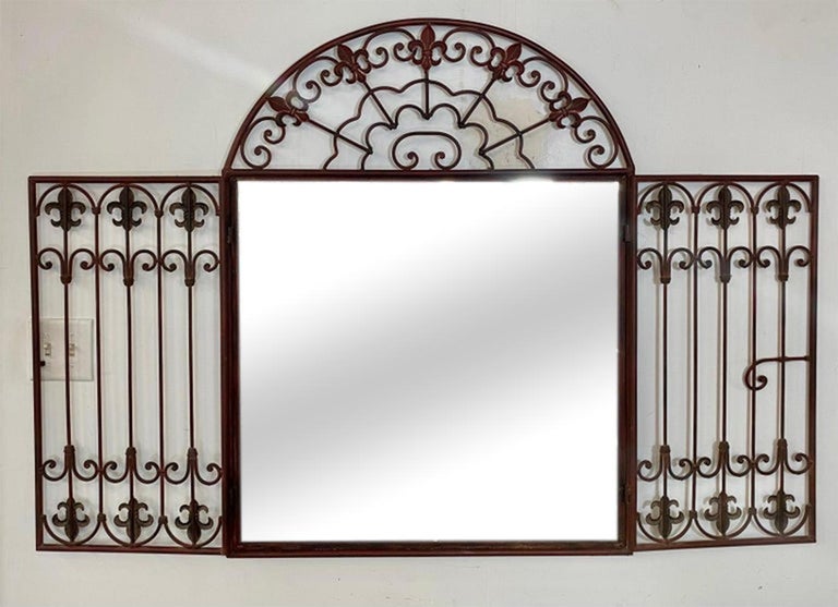 French Louis XVI Style Wrought Iron Two-Door Arched Mantel or Wall Mirror